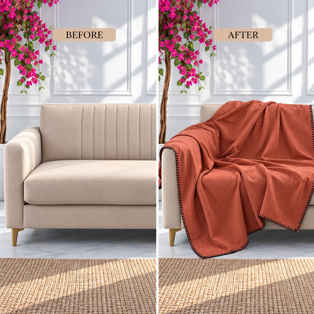 Persimmon Orange Cotton Sofa Throw Blanket with Black Blanket Stitch Border