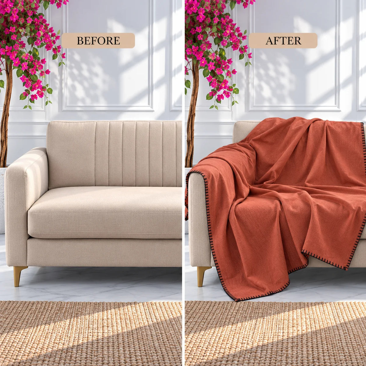 Persimmon Orange Cotton Sofa Throw Blanket with Black Blanket Stitch Border