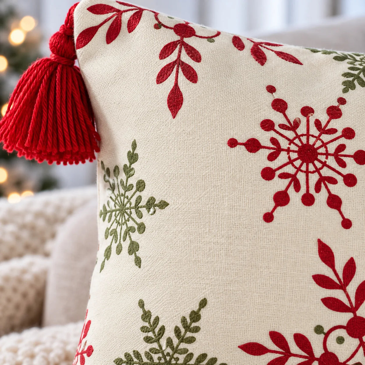 Winter Star Printed Cotton Cushion Cover â€“ Red & Green