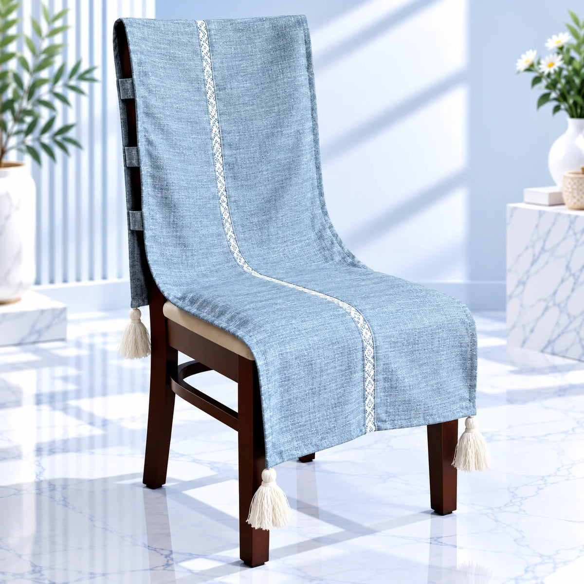 Steel Blue Cotton Jacquard Chair Cover with Tassels
