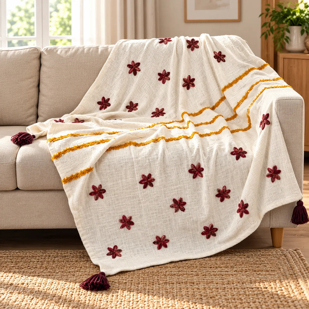 Marigold Stripe Floral AppliquÃ© Cotton Throw for Sofa
