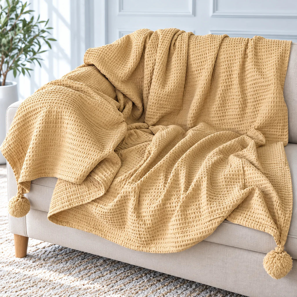 Warm Sand Gold Honeycomb Weave Throw