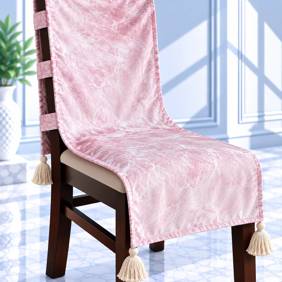 Luxe Pink Velvet Dining Chair Cover with Tassels