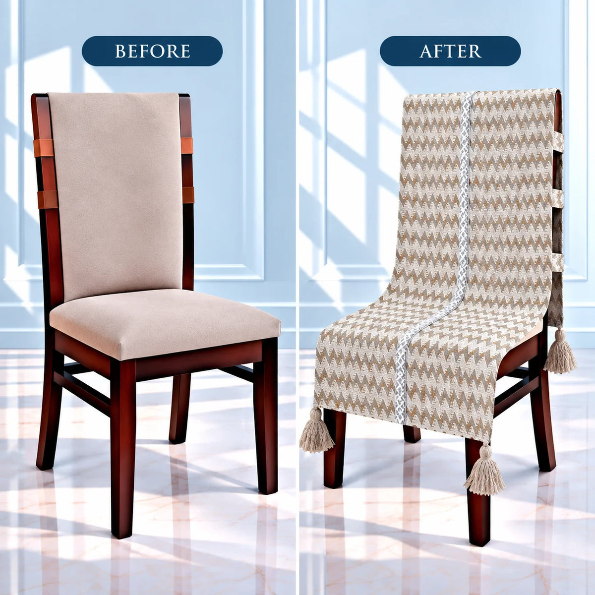 Ivory Chevron Chair Cover with Tassels