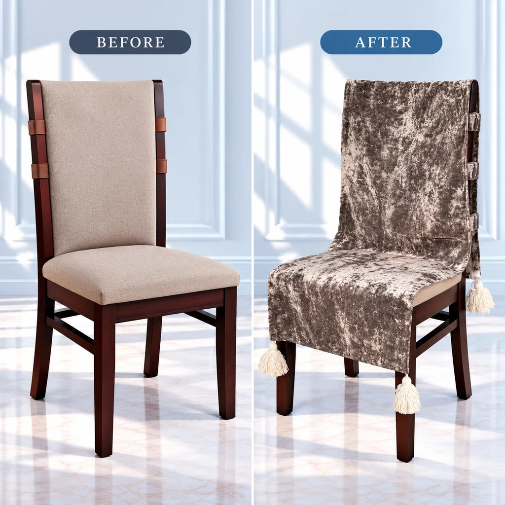 Taupe Grey Crushed Velvet Chair Cover with Tassels