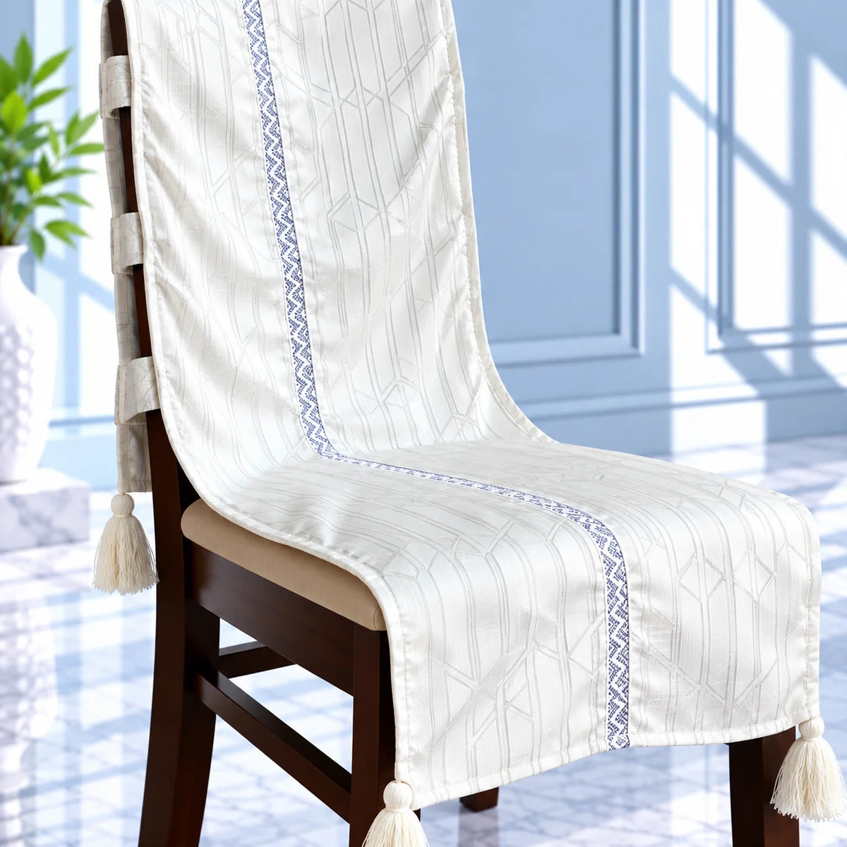 Shimmer Finish Honeycomb Geometric Chair Cover with Tassels