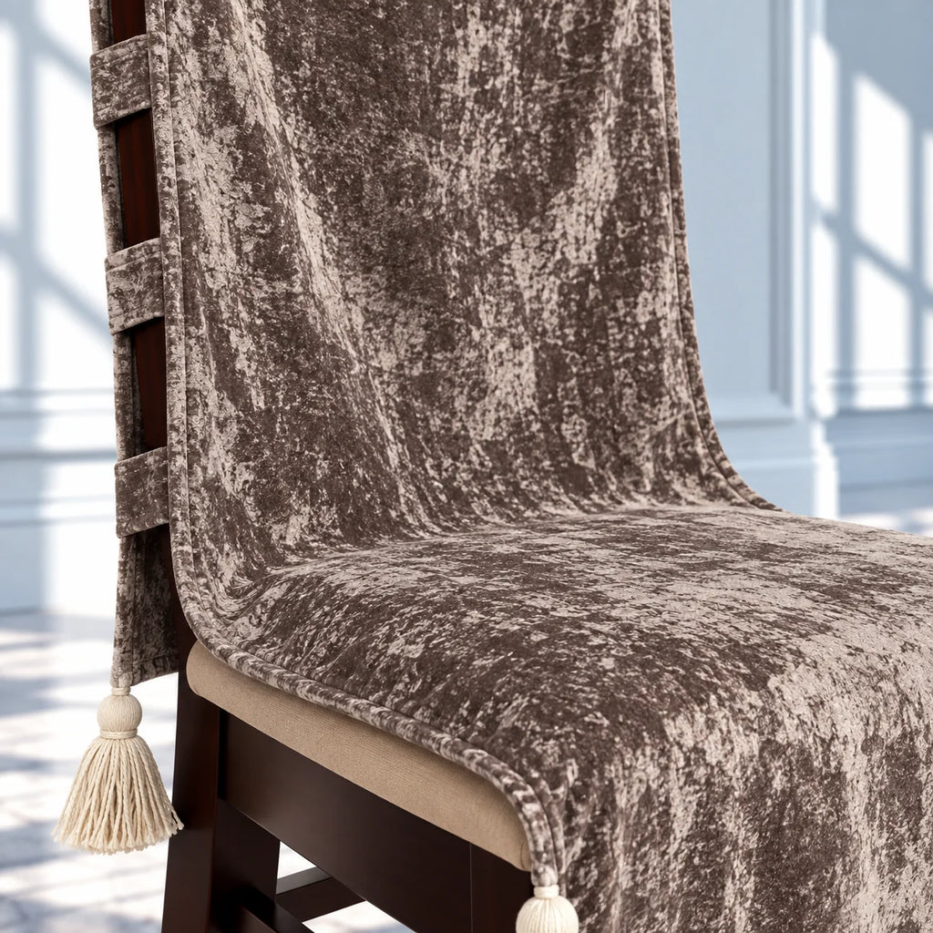 Taupe Grey Crushed Velvet Chair Cover with Tassels