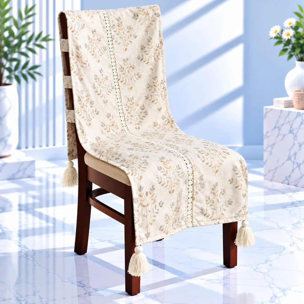 Linen Beige Scattered Leaf Pattern Chair Cover with Tassels