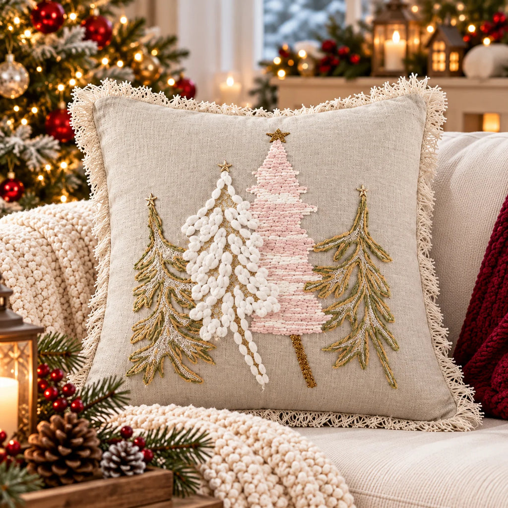 Winter Pine Christmas Tree Embroidered Cotton Cushion Cover â€“ 16 Ã— 16 Inches