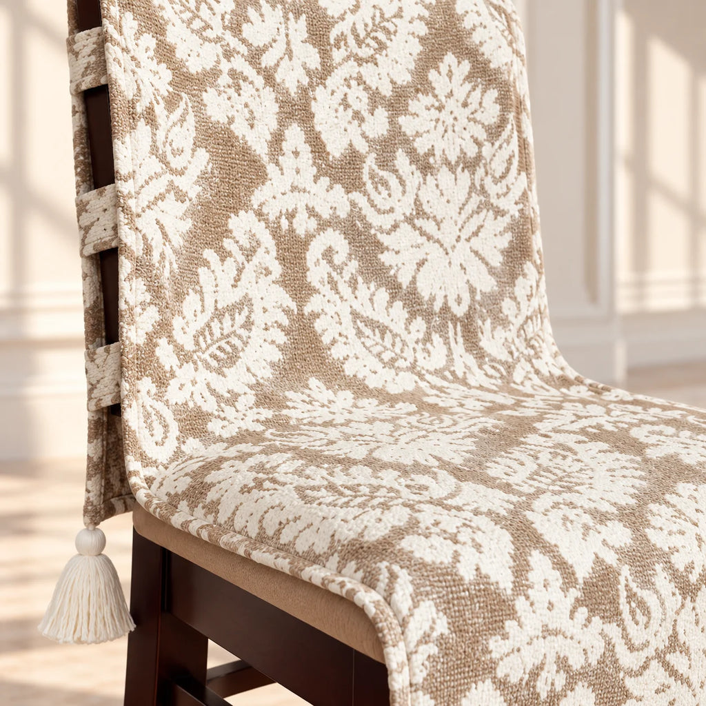 Beige Damask Jacquard Chair Cover with Tassels