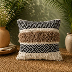 Loom Stripe Textured Cotton Cushion Cover â€“ Black, Beige & Ivory | 18 Ã— 18 Inches