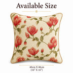 Red Magnolia Embroidered Cotton Cushion Cover with Tan Piping