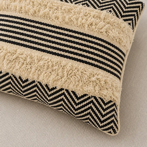 Shaggy Tufted Stripe Boho Pillow Cover, Zigzag Border, Woven Cotton