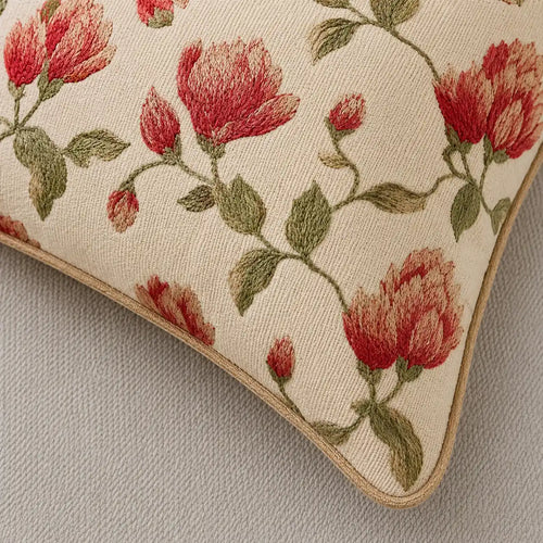 Red Magnolia Embroidered Cotton Cushion Cover with Tan Piping