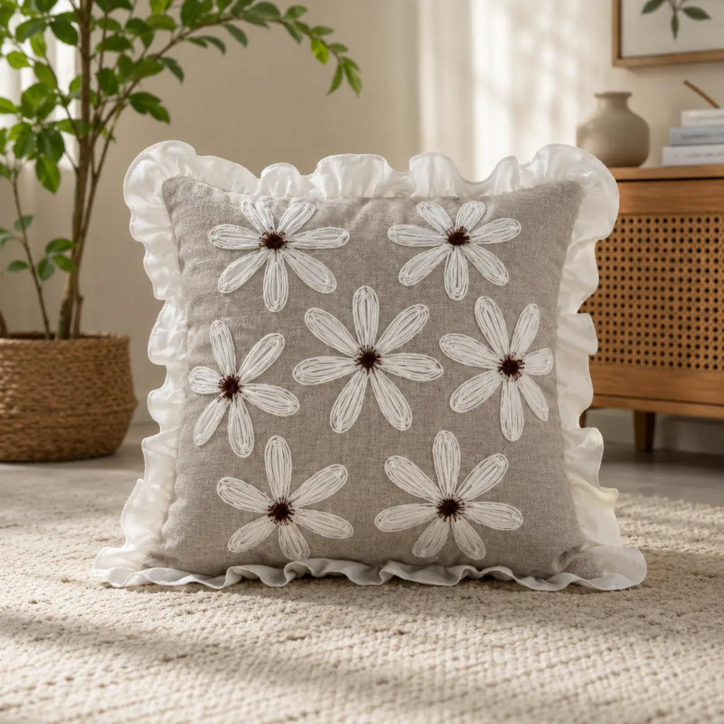 The Ruffled Daisy - Embroidered Cushion Cover