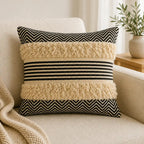 Shaggy Tufted Stripe Boho Pillow Cover, Zigzag Border, Woven Cotton