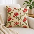 Red Magnolia Embroidered Cotton Cushion Cover with Tan Piping