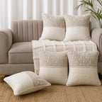 Dual Texture Lace Top Cushion Cover, Delicate Beige Embroidery on Cream