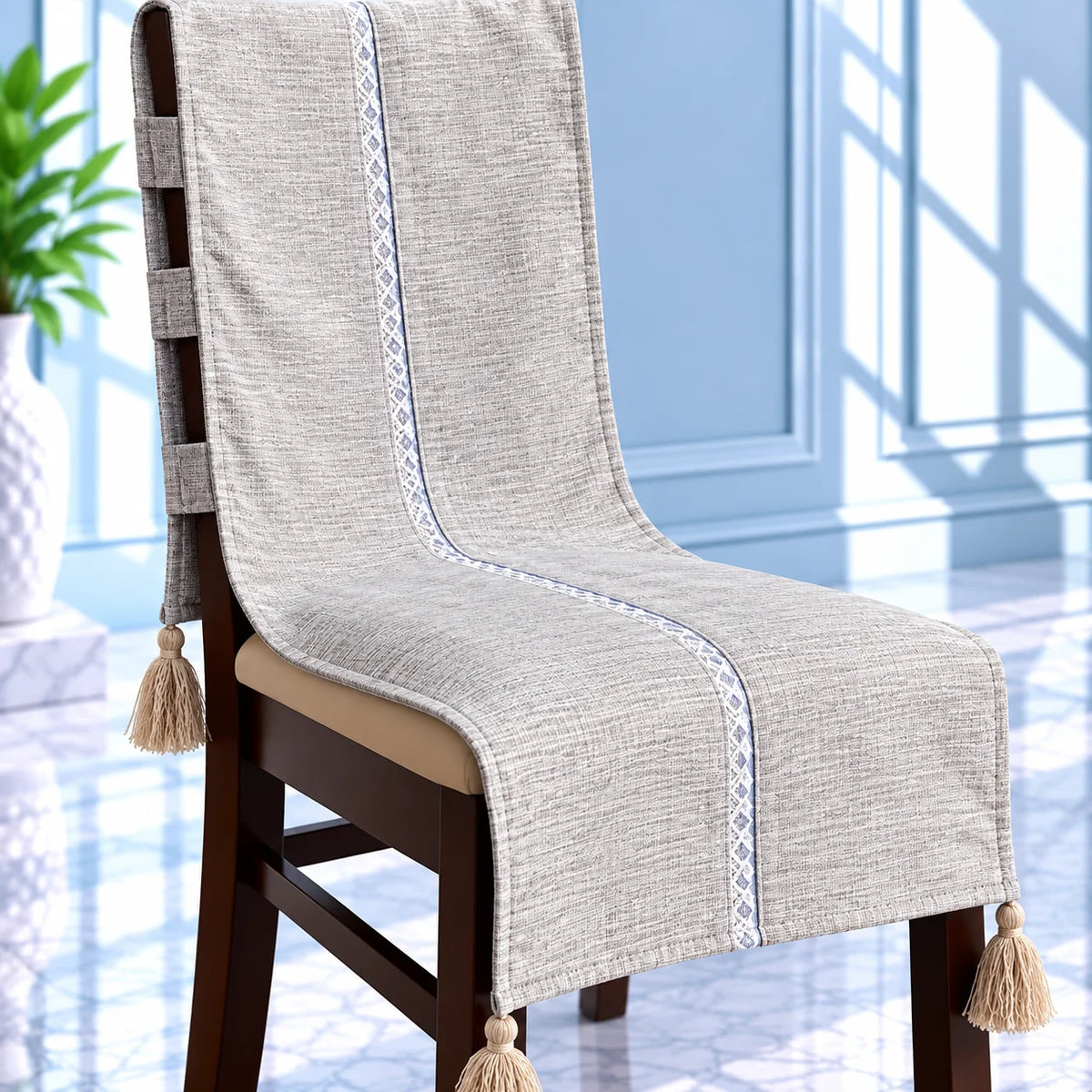 Dove Grey Jacquard Chair Cover Tassels