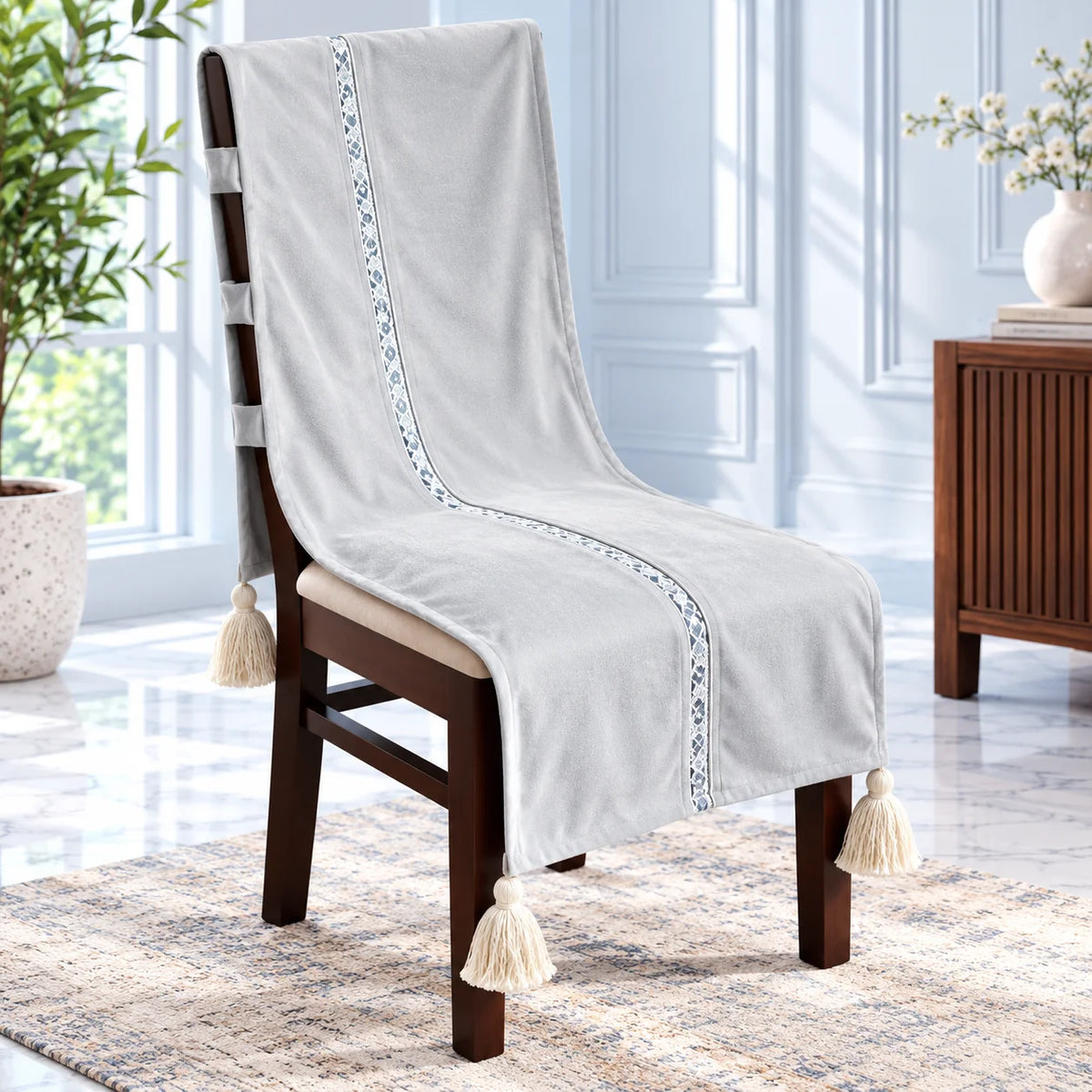 Platinum Grey Velvet Touc Chair Cover with Tassels
