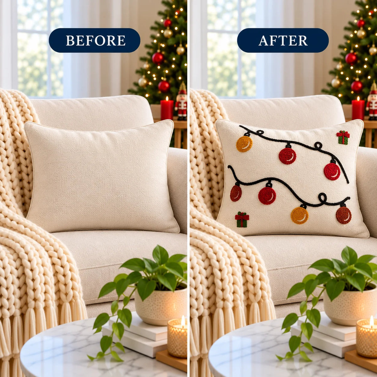 Christmas Themed Slub-Cotton Tufted Cushion Cover, Size:40cm X 40cm (16" X 16")