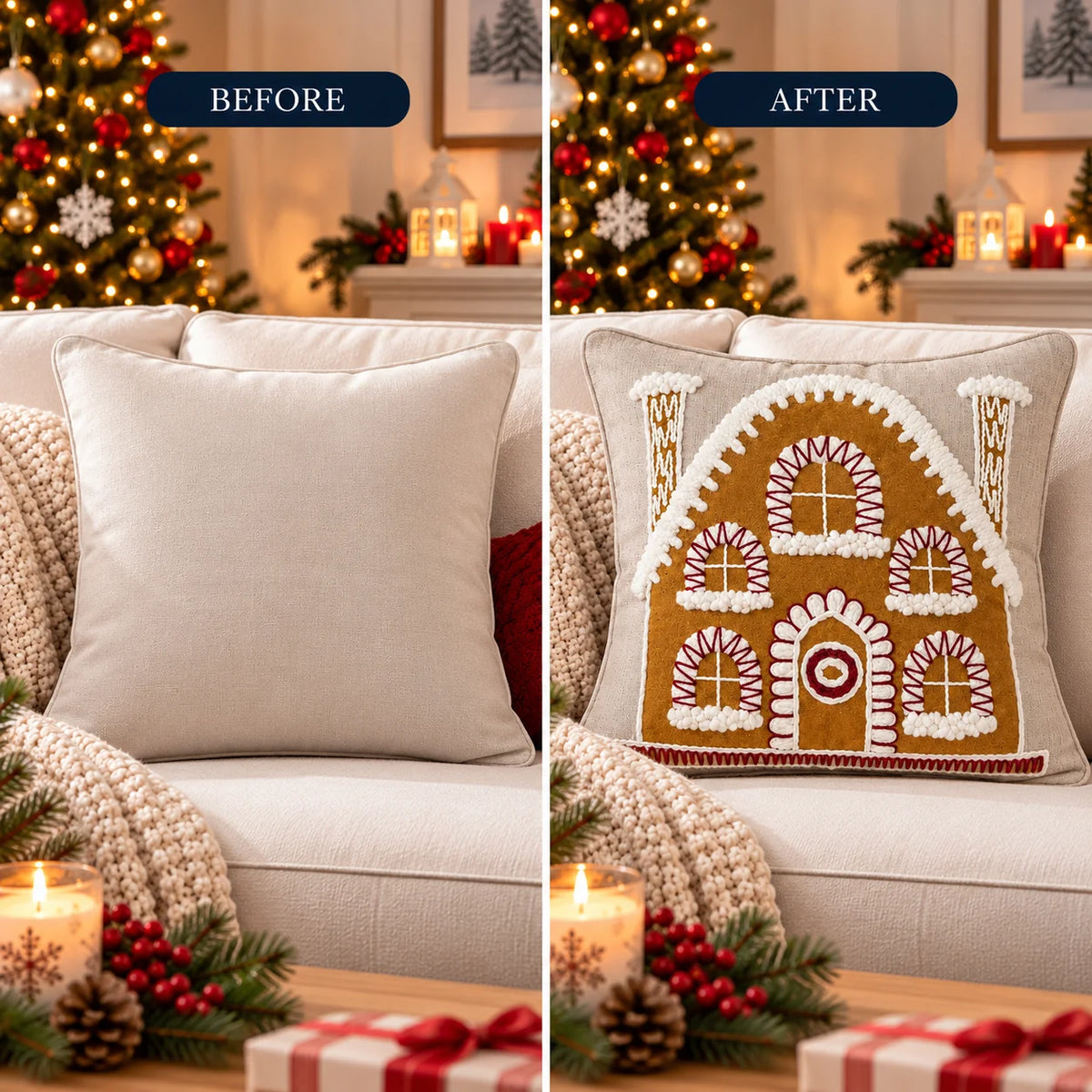 Gingerbread House Christmas Embroidered Cotton Cushion Cover â€“ 16 Ã— 16 Inches