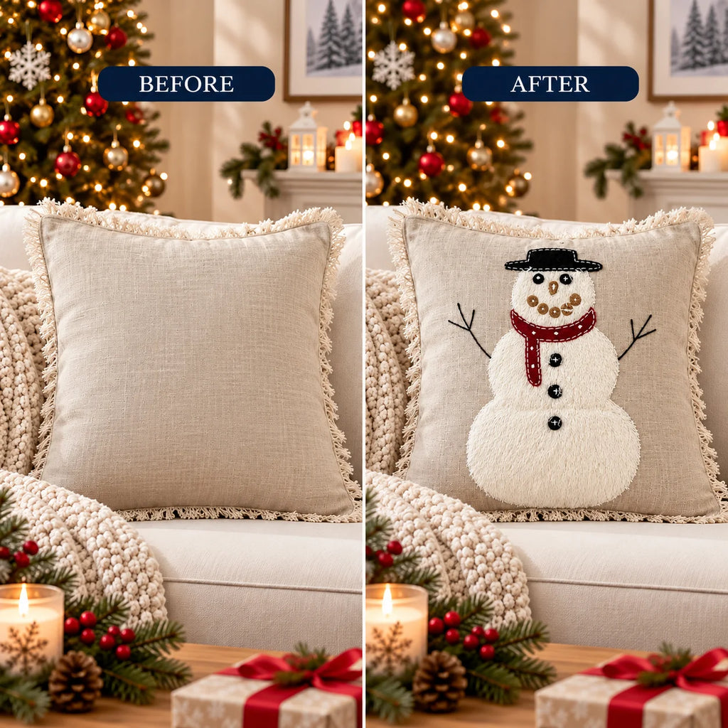 Merry Snowman Christmas Embroidered Cotton Cushion Cover â€“ 16 Ã— 16 Inches