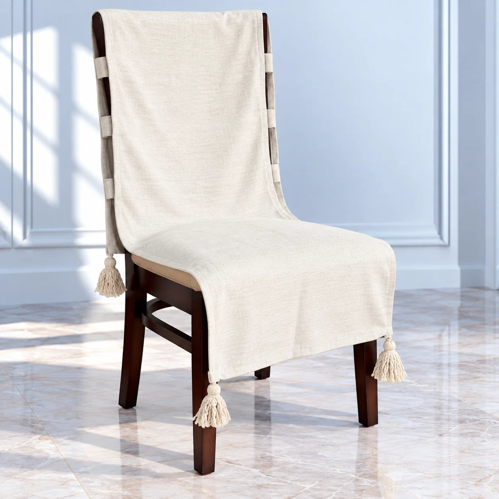 Oatmeal Beige Plain Chair Cover with Tassels