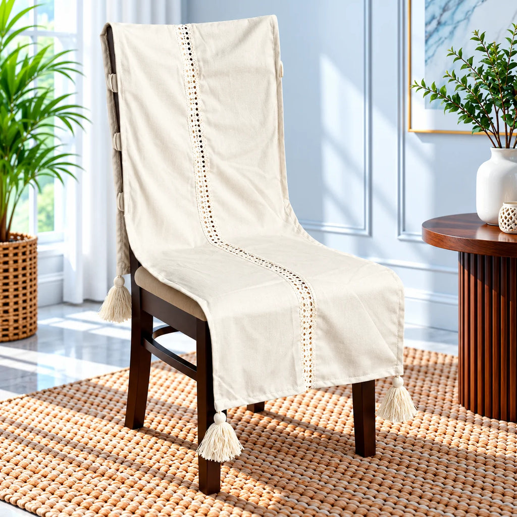 Ivory lace Jacquard Chair Cover with Tassels