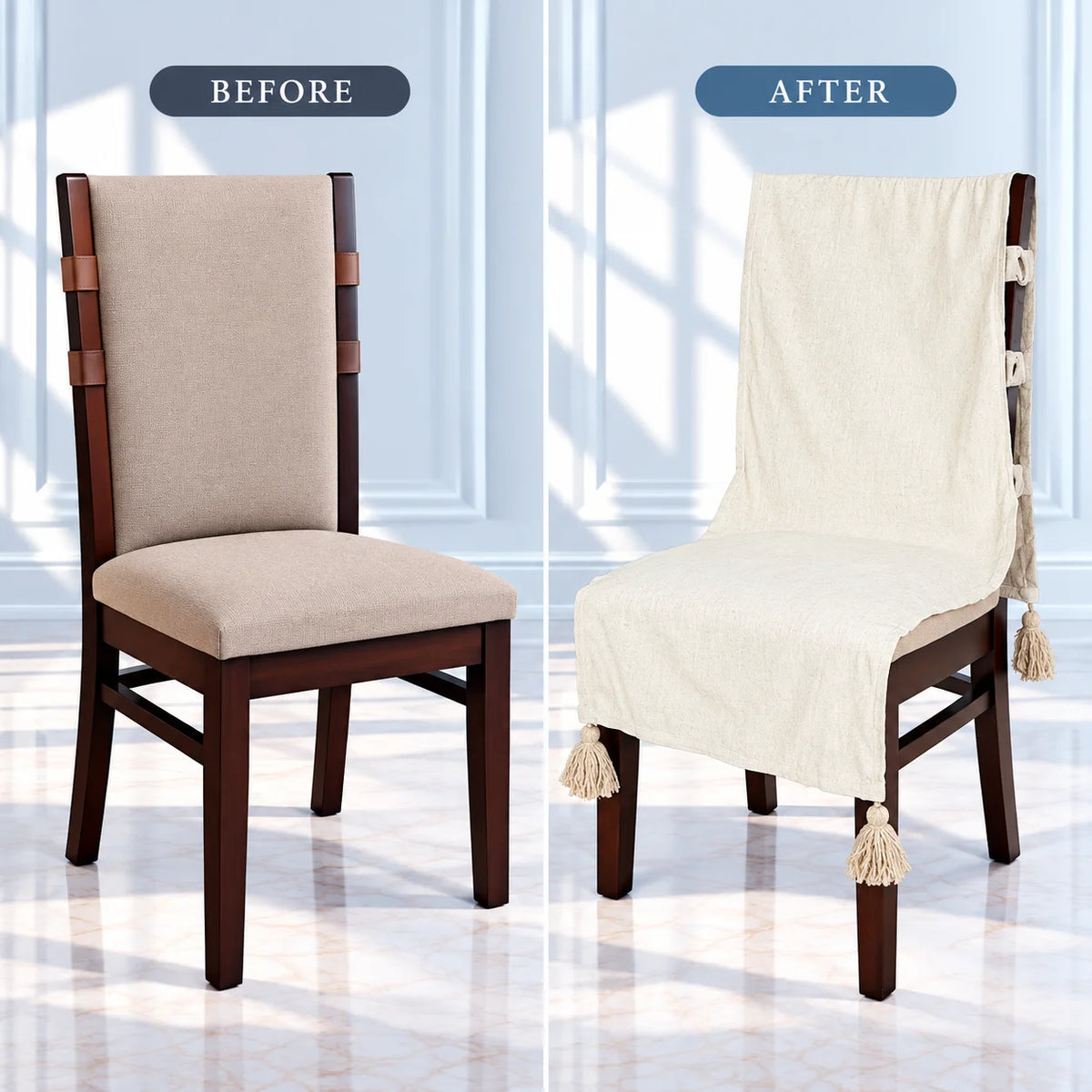 Milky White Crushed Texture Chair Cover with Tassels