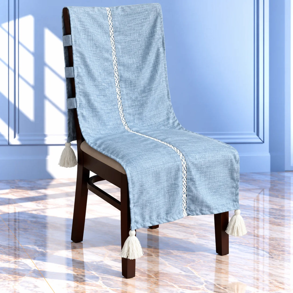 Steel Blue Cotton Jacquard Chair Cover with Tassels
