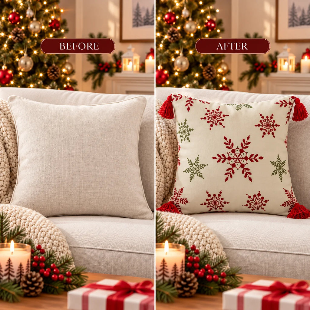 Winter Star Printed Cotton Cushion Cover â€“ Red & Green