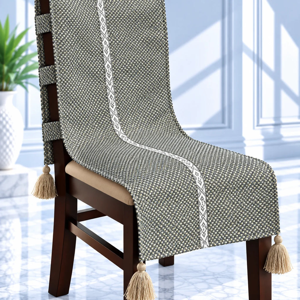 LoomCraft Charcoal Grey Textured Chair Cover with Tassels