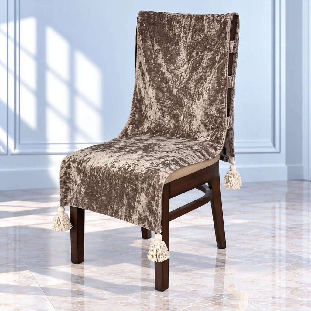 Taupe Grey Crushed Velvet Chair Cover with Tassels