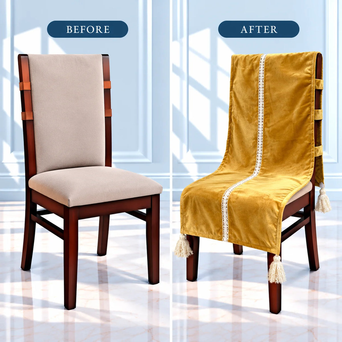 Antique Gold Crushed Velvet Look Chair Cover with Tassels