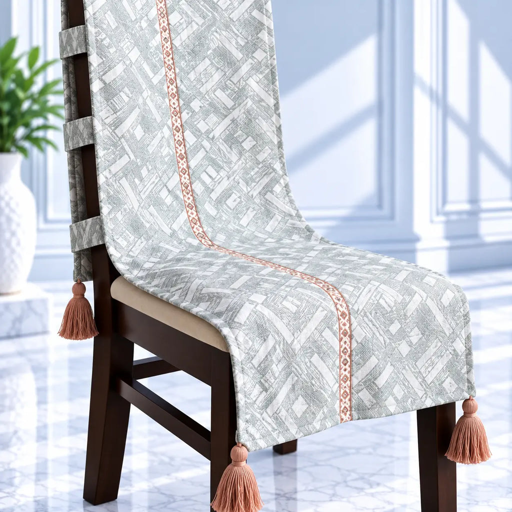 Grey & White Mosaic Print Chair Cover with Tassels
