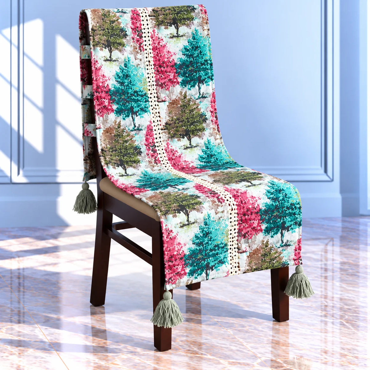 Colourful Woodland Landscape Printed Chair Cover with Tassels