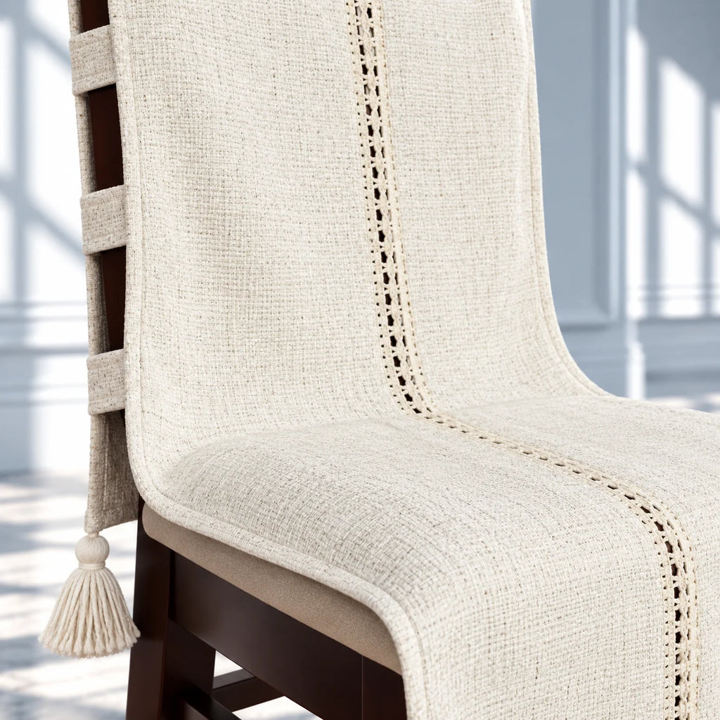Handwoven Style Ecru Chair Cover with Cutwork Line and Tassels