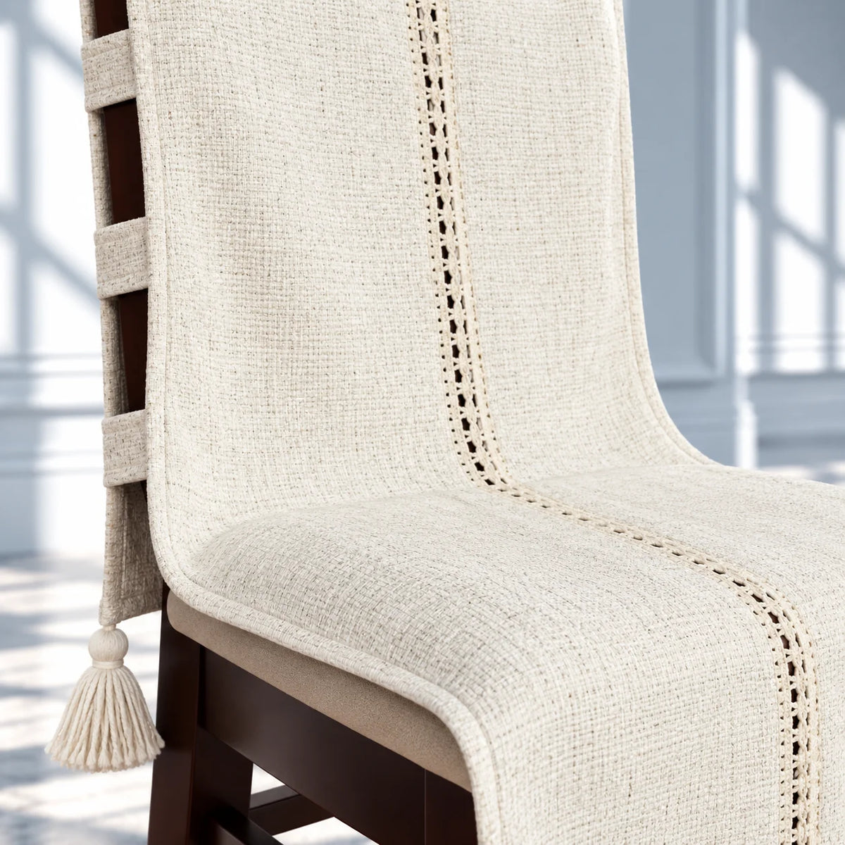 Handwoven Style Ecru Chair Cover with Cutwork Line and Tassels
