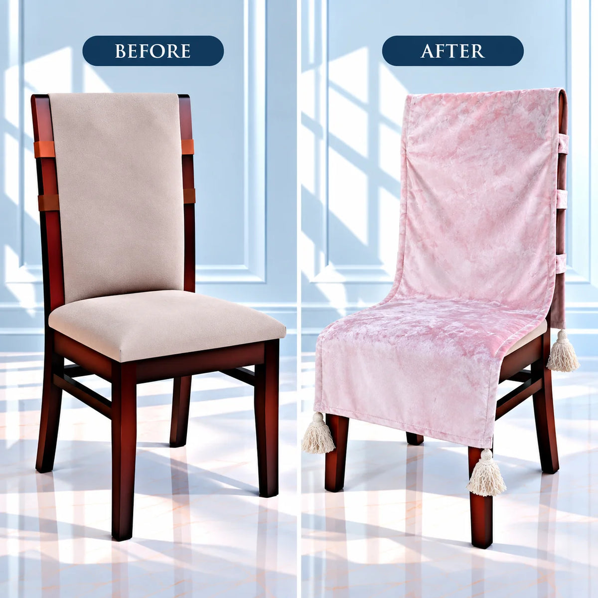Luxe Pink Velvet Dining Chair Cover with Tassels
