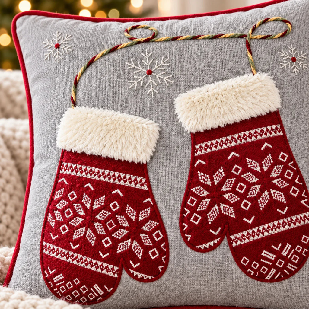 Christmas Stocking Embroidered Cotton Cushion Cover â€“ 16 Ã— 16 Inches