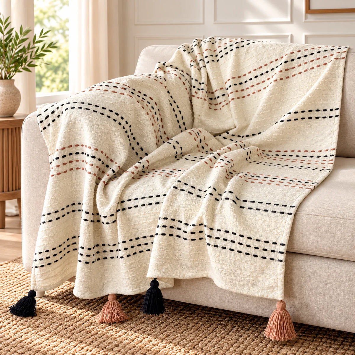 Ivory Dotted Stripe Cotton Sofa Throw â€“ 60Ã—50 Inch