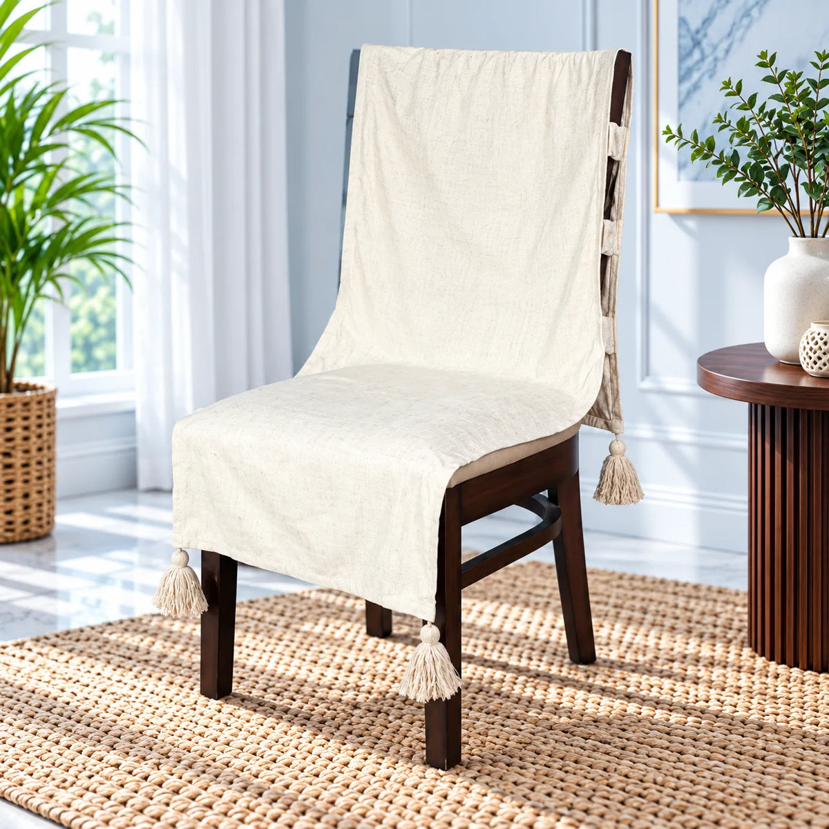 Milky White Crushed Texture Chair Cover with Tassels