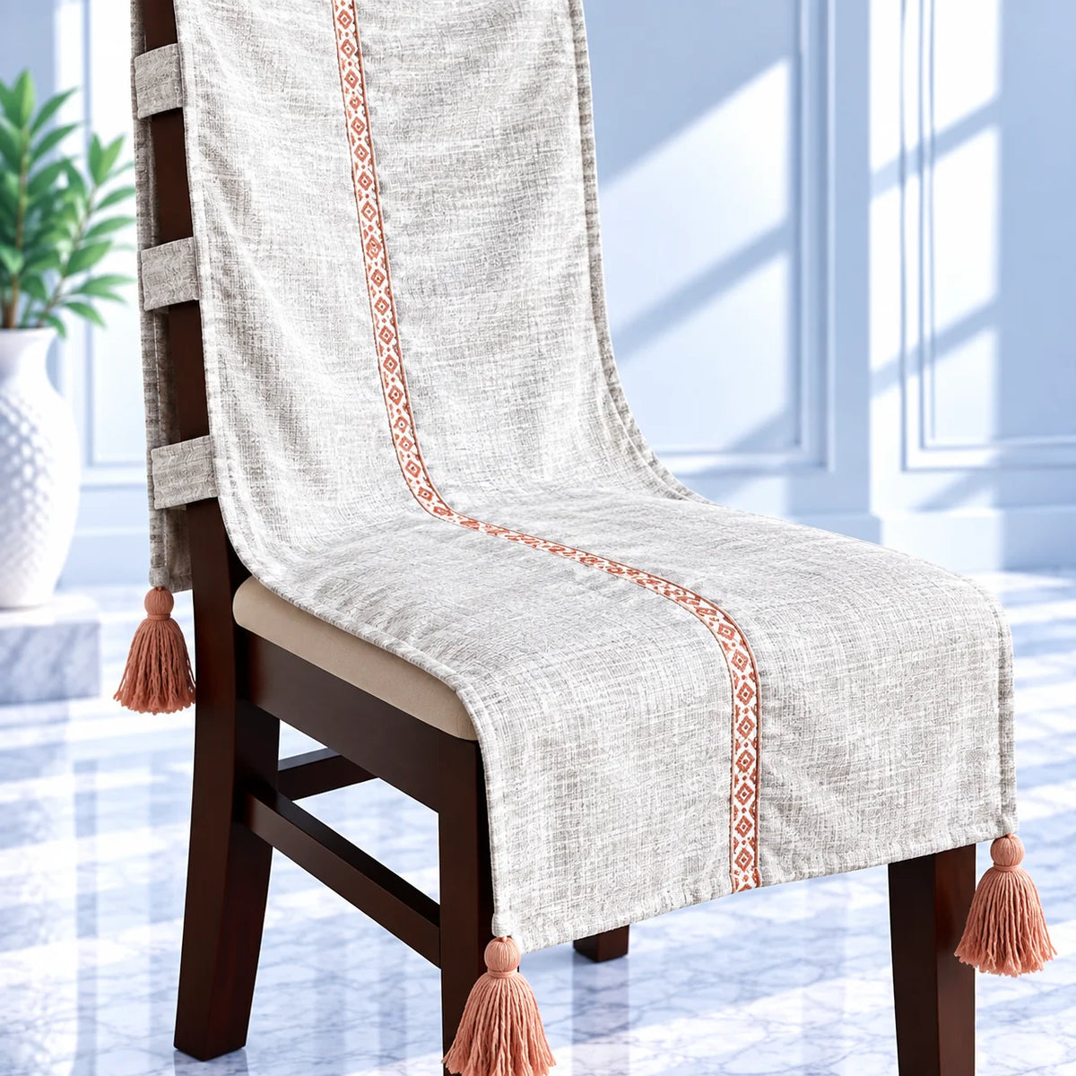 Oyster Grey Textured Chair Cover with Tassels