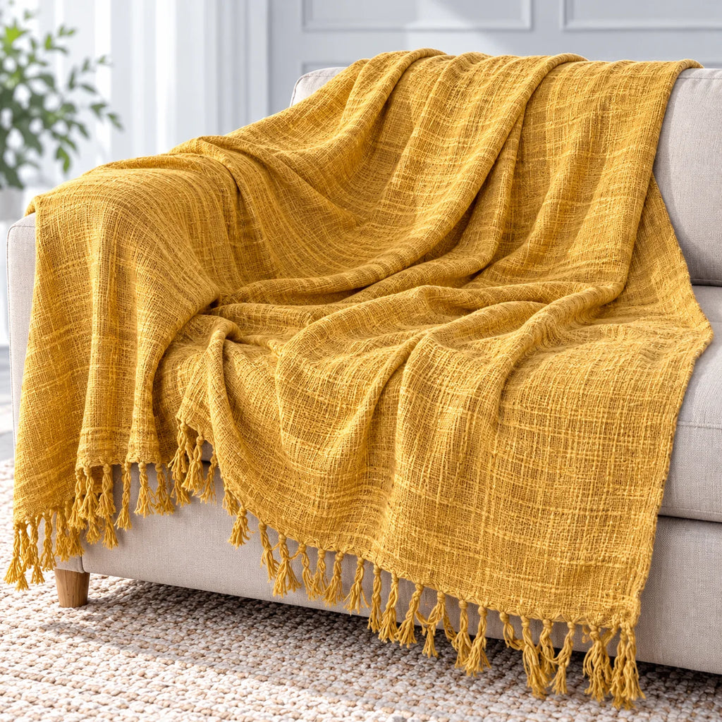 Ochre Yellow Slub Cotton Sofa Throw Blanket with Fringe Ends