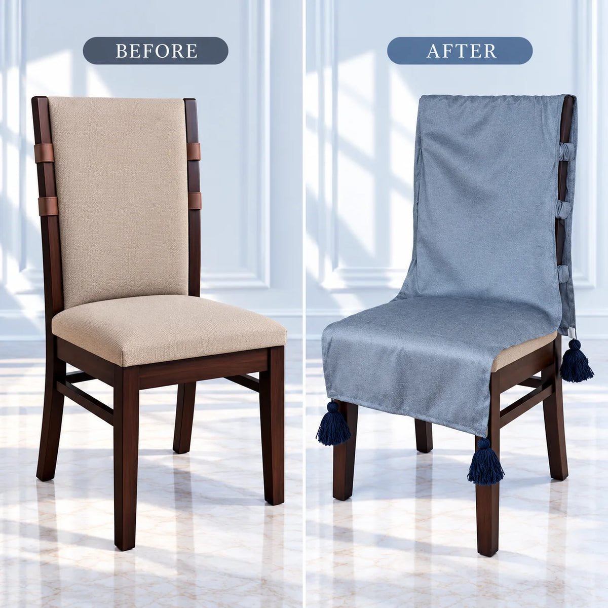 Grey Blue Plain Jacquard Chair Cover with Tassels