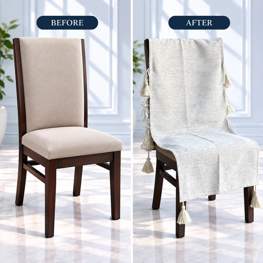 Cloud Grey Handloom Style Chair Cover with Tassels