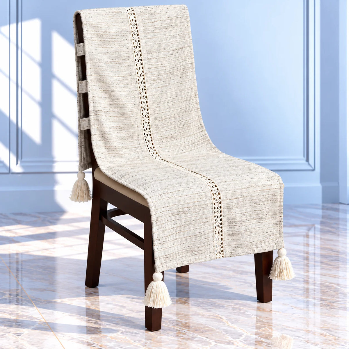 Off White Leaf Pattern Chair Cover with Tassels