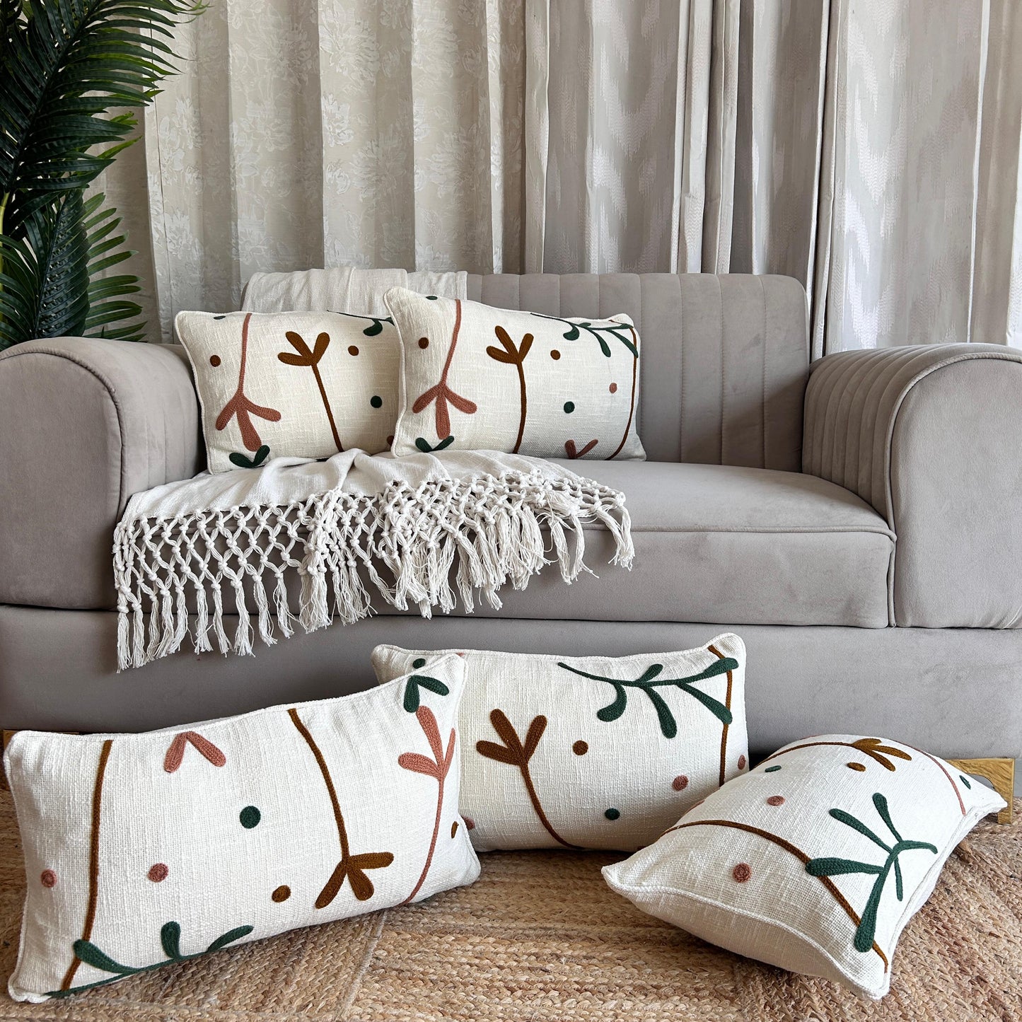 Slub-Cotton Embroidered Cushion Cover, 30cm X 50cm (12" X 20")