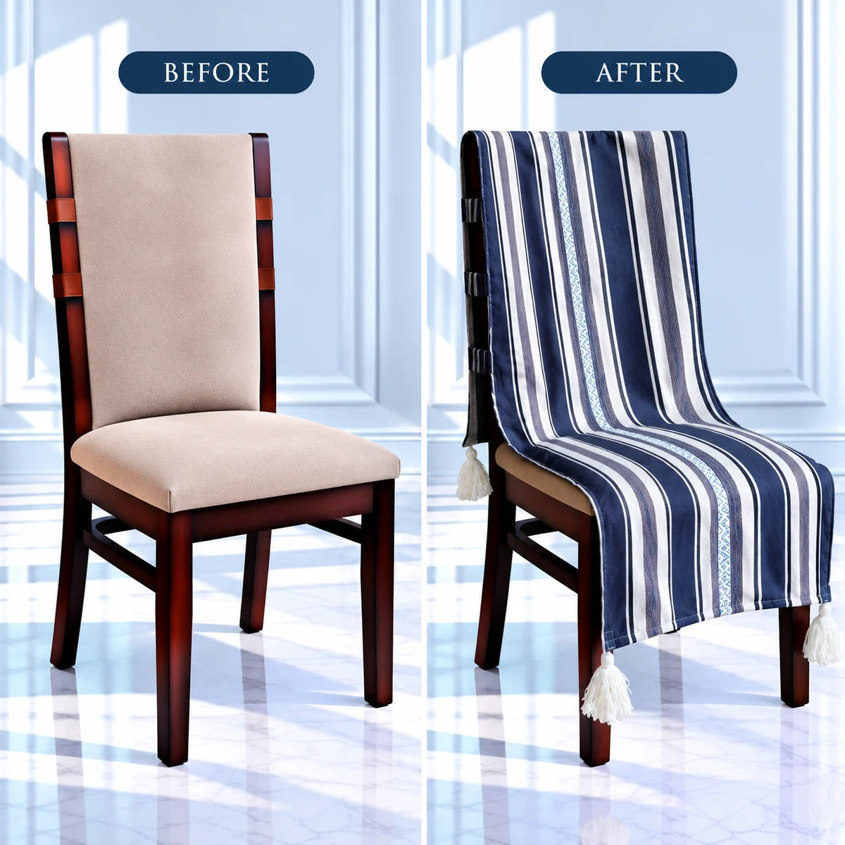 Navy & White Striped Chair Cover with Tassels